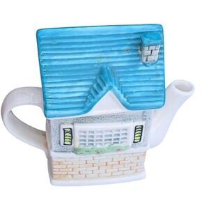 Vintage Ceramic Tea Shop House Teapot Blue Roof Cottagecore Decorative Novelty